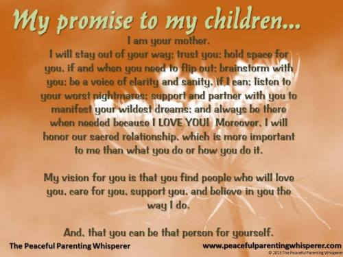 My promise to my children&#8230; I am your mother. I will stay out of your way; trust you; hold space for you, if and when you need to flip out; brainstorm with you; be a voice of clarity and sanity, if I can; listen to your worst nightmares; support and partner with you to manifest your wildest dreams; and always be there when needed because I LOVE YOU! Moreover, I will honor our sacred relationship, which is more important to me than what you do or how you do it.
My vision for you is that you find people who will love you, care for you, support you, and believe in you the way I do. And, that you can be that person for yourself.
peacefulparentinwhisperer.com