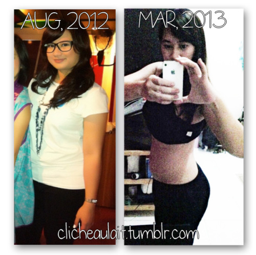 Another transformation pic from me :)
Before doing INSANITY by Beachbody and during INSANITY (lost 12 centimeters from my belly and 3,5 kilograms in a month). I started Insanity since early February. Clean eating and workout everyday. And I gotta tell you, clean eating is really important. I don’t count calories, it’s too burdensome for me. The important thing is that you need to be conscious of whatever you’re eating. I took photos of every meals I had and keep them in my phone, it helps me to decide my next meals by looking at the food I’ve been eating.
If you’re an iPhone user, you can also use #Eatery app. An old app, but it works for me. 
Oh, and water is a must. 
INSANITY is a really tough workout program for me, I guess it mainly because I haven’t been doing a real workout for about 3-4 years. During Insanity, I was tired as fuck and slacking a lot. But I just didn’t stop. So yeah, you can see that eventho I was slacking quite a lot during the workout, the result will always there because I don’t give up and keep on going. Always think of the result and pushing your mind into it, you can. 
My followers maybe know that I used to be depressed. I used to hate the world and I really hated my self. I used to be awake the whole night, and refused to come out from my room during the day. But those days are gone, now. I decided to recover, I committed to live the healthy life I’m supposed to do, and I committed to be a better me, not bitter anymore. I keep on going,  and I feel much more happier. 
So yeah, this is not a result yet :) (Height 173&#160;cm)
http://clicheaulait.tumblr.com