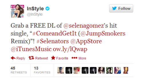 @InStyle:Grab a FREE DL of @selenagomez’s hit single, “#ComeandGetIt (@JumpSmokers Remix)”! #Selenators @AppStore @iTunesMusic http://ow.ly/lQwap
