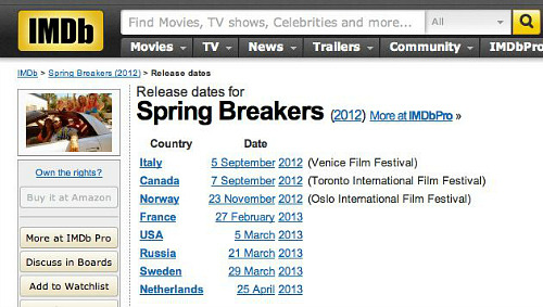 Official release dates for Spring Breakers for France, USA, Russia, Sweden and Netherlands. There has not been any official premiere in Italy, Canada or Norway, this was only in collaboration with the different international film festivals. 
Link HERE