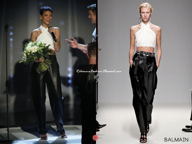 Rihanna performed on German tv show Wetten, Dass wearing a white chiffon top and leather trousers from Balmain&#8217;s   Spring/Summer 2013 collection with suede sandals from Manolo Blahnik.
Her accessories included sunglasses from Cutler &amp; Gross, a vintage Chanel belt from Depuis 1924, Neil Lane estate diamond earrings, a Shaun Leane thin gold bangle,  a name tag bracelet from  Ha-yeon Lee. Her rings ranged from Husam el Odeh, Bobby White and Ha-yeon Lee. 