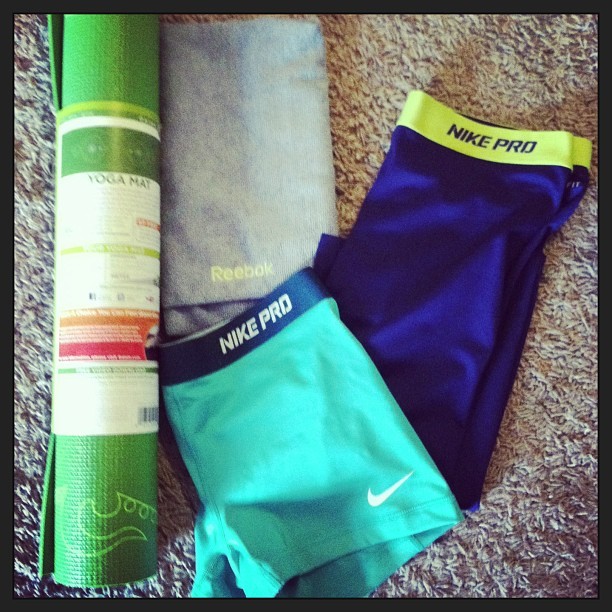New goodies from #target and #sportsauthority Nike Pros were 25% off!  My pets like to use my #yoga mat so I bought a new one for classes haha and I needed a bigger sweat towel! #shopping #fitness #workoutclothes #nikepro #gaiam #workitout