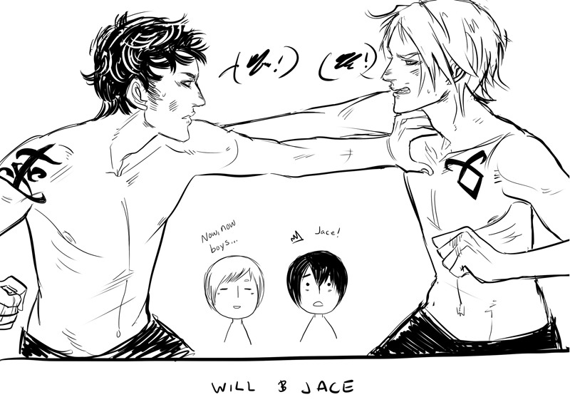 Will and Jace from TID and TMI (written by @CassieClare ) 
It started off as an argument and turned into fisticuffs. 

Anonymous asked you:Hey could you draw Jace Herondale and Will Herondale together? P.s. LOVE YOUR DRAWINGS.. THEY&#8217;RE AMAZING! You&#8217;re so talented!
 

thelittleshadowhunter asked you:Hiya!.. Can you draw a picture of will and jace herondale arguing.. Because its soo cute!!
 

thelittleshadowhunter asked you:Hiya.. Love your drawings&#8230; Can you do a witty picture of jace herondale and will herondale and you will complete my life!!



