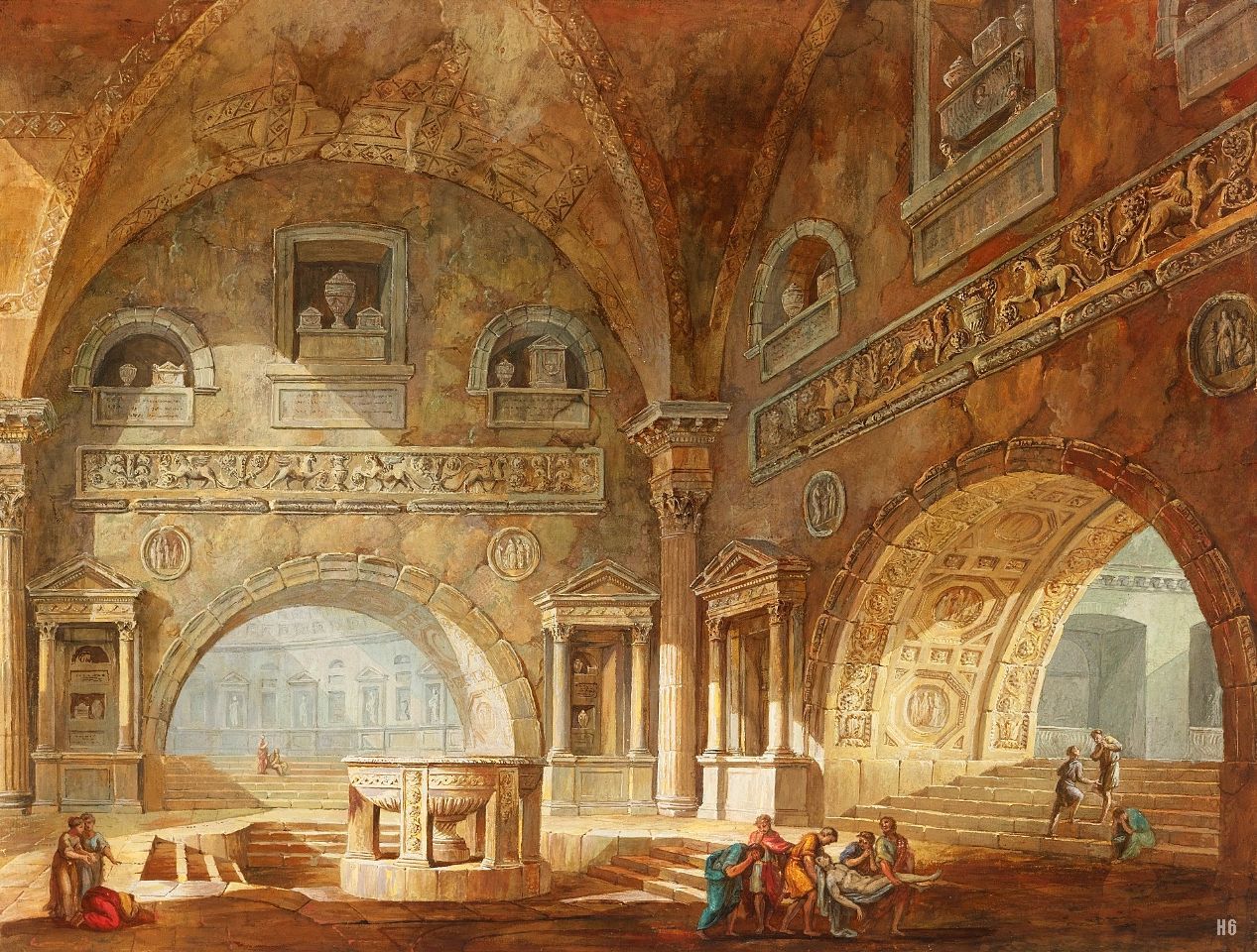 Interior of a Roman building with figures carrying a body. Charles Louis Clerisseau. French. 1721-1820. gouache /paper.
http://hadrian6.tumblr.com