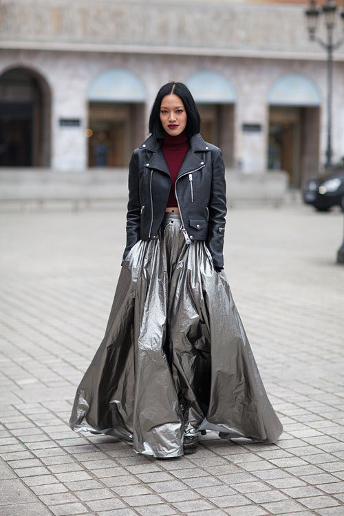 A voluminous skirt is grounded by a classic moto. (image: Harper&#8217;s BAZAAR)
