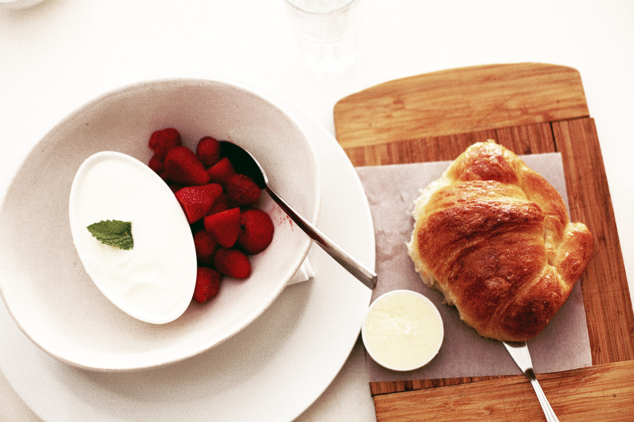 Breakfast this morning. Strawberries &amp; Croissant. 