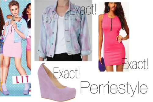 Untitled #91 by eleanorcalder-inspired featuring wedge heel shoes
Perrie in Change your life single cover photoshoot
Rare London open back dress (different color)
ALDO wedge heel shoes
Bubblegum Denim Jacket - Tie Dye
