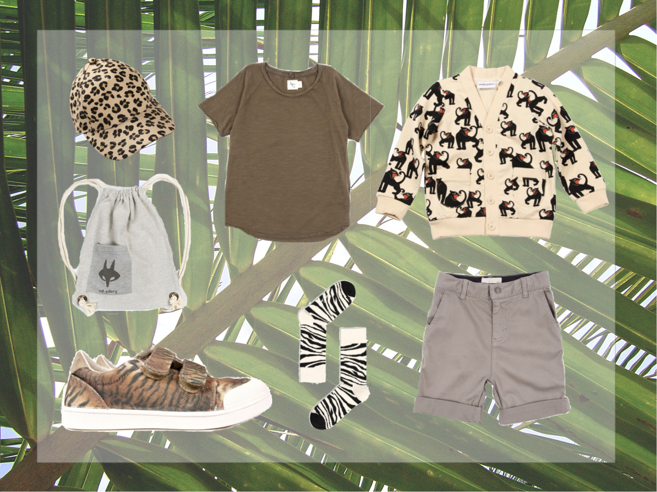 To the jungle!
1. Jaguar cap by Mini Rodini 2. Khaki green tee by NicoNico 3. Panther jacket by Mini Rodini 3. Jersey backpack by Soft gallery 4. Tiger sneakers by 10is 5. Zebra socks by Happysocks 6. Grey Lucas bermudas by Stella McCartney