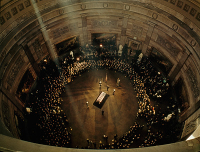 natgeofound:

John F. Kennedy’s coffin lies in state beneath the Capitol’s dome, November 1963.Photograph by George F. Mobley, National Geographic