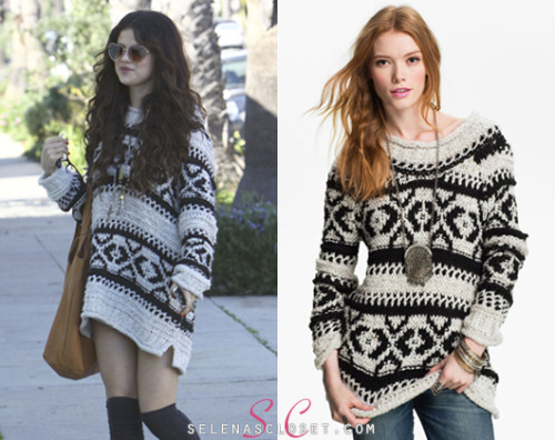 Selena Gomez was photographed out and about after hitting the studio yesterday wearing a Free People &#8216;Silver Reed&#8217; Chunky Sweater in color Snow Combo. This sweater is on sale from Bloomingdales for $100.80. <br /> Buy it HERE <br /> She wore this with Fergie Shoes and two Free People Necklaces (1 &amp; 2). We&#8217;re still looking for the rest of her outfit.