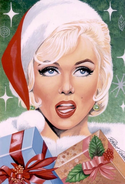 alwaysmarilynmonroe:A Christmas Themed Painting of Marilyn from Something’s Got To Give in 1962.