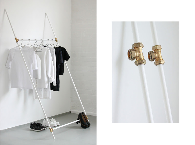truebluemeandyou:

DIY Plumbing Supplies Clothing Rack Tutorial from Love Aesthetics here. I had a friend look at this to make sure this looked liked PVC pipe and he agreed that he thought it was. PVC pipe is so cheap and easy to cut with a hack saw (I’ve made room screens with it using plastic elbows). My friend also said that the brass pipe fittings looked nice but you could buy much cheaper ones and that you’d need a PVC glue (basically a contact cement) to hold it together. There was one comment on the blog about the pipe scratching the wall - not a problem because this isn’t metal pipe and the ends are easily padded with something like felt or tape.
