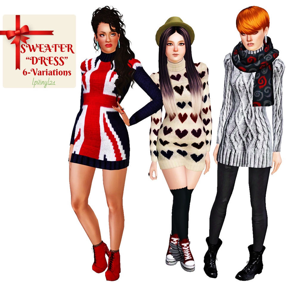 {Click pics for HQ}A small holiday gift for all my wonderful followers, a sweater dress in 6 non-castable designs. They can be found in the outfit category and look good with accesory tights. You can see them on my sims HERE, HERE & HEREYA-A. enabled for everyday wear. Made with TSRW and Photoshop Cs5Mesh by Modish KittenBoth sims3pack and Package files are included in the download. Files are compressed.DOWNLOADTOU: Do whatever with these but please do not claim them as your own or reupload. Feel free to send me an ask if you run into any issues. Merry Christmas and Happy New Year!