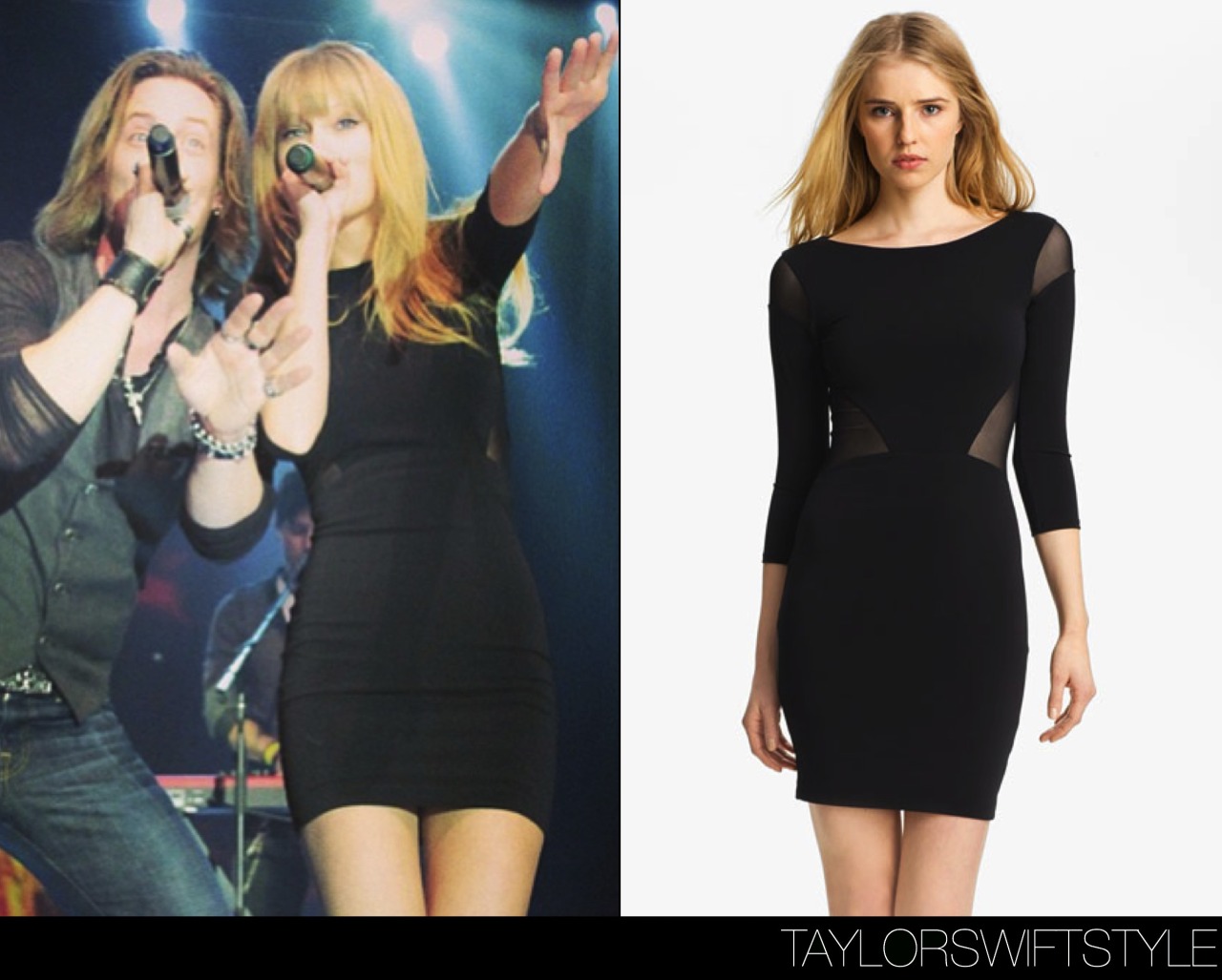 Performing &#8220;Cruise&#8221; with Florida Georgia Line | Nashville, TN | March 1, 2013Elizabeth &amp; James &#8216;Sheer Inset Dress&#8217; - $394.84 (CAD)Taylor wore yet another bodycon black dress with sheer mesh inserts by Elizabeth &amp; James. She wore a similar one while she was in London a few weeks ago performing on The Graham Norton Show.The band recently announced that they&#8217;ll be joining Taylor on select dates of The RED Tour this year.You can catch Taylor&#8217;s performance of the hit song &#8220;Cruise&#8221; with FGL here.Picture via thebootdotcom (Instagram)