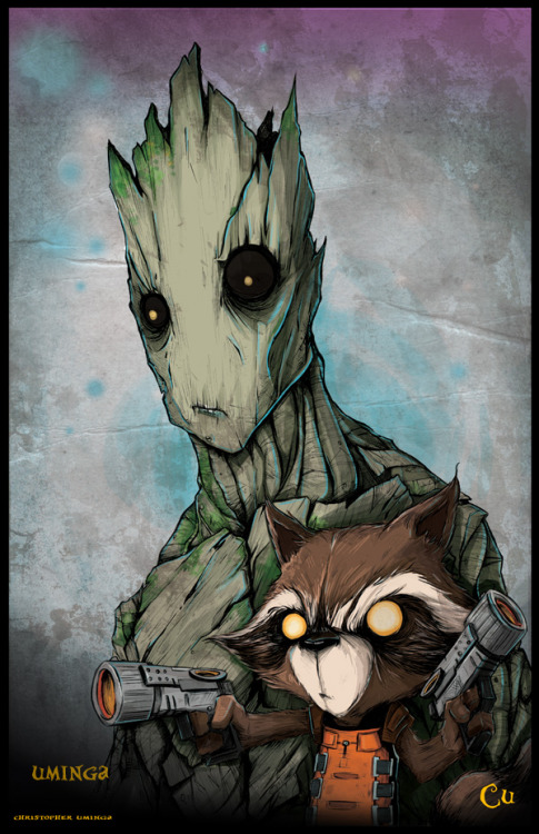 Groot and Rocket.
11X17 ink on paper, colored with Photoshop