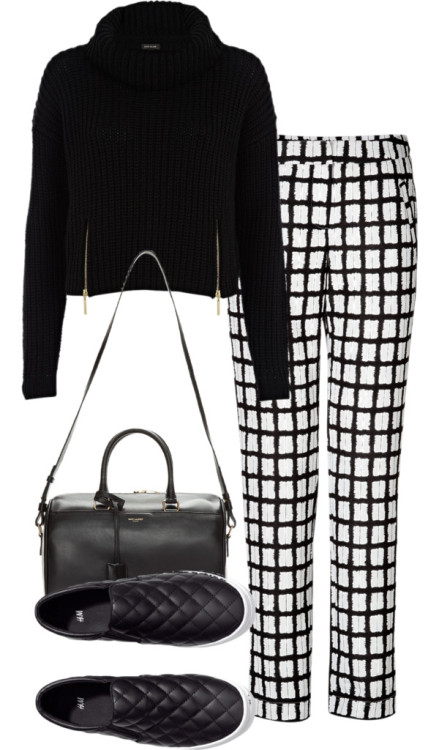Untitled #16 by sophiasmithswardrobe featuring checkered pantsRiver Island loose black sweater, $25 / Steffen Schraut checkered pants / H&amp;m shoes, $33 / Yves Saint Laurent black leather handbag