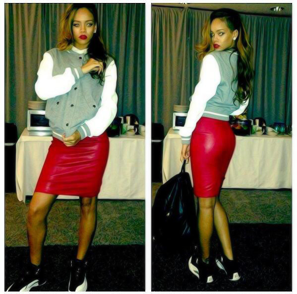 Rihanna attended Barrington High School in Chicago, Illinois wearing her very own Rihanna for River Island grey leather sleeve varsity jacket, a  Joseph red skirt and Air Jordan 12 Retro sneakers.
This picture was taken by Rihanna’s best friend, Leandra.