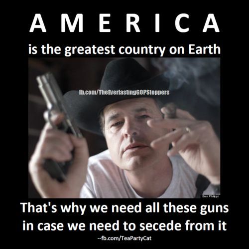 Image: Man with gun.  Caption:  America is the greatest country on earth.  That's why we  need all these guns in case we need to secede from it.
