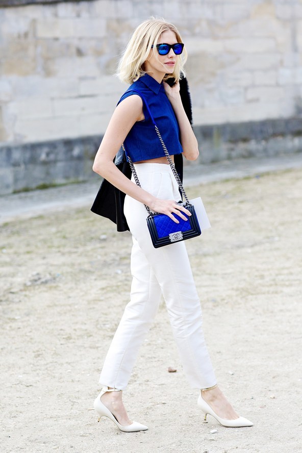 Elena Perminova : top and trousers are Au Jour Le Jour, shoes are Valentino and bag is by Chanel. (image: vogue)