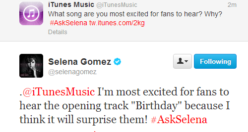 @selenagomez:.@iTunesMusic I’m most excited for fans to hear the opening track “Birthday