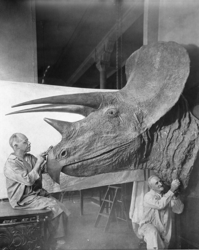 amnhnyc:

From the archives: Charles Lang and Otto Faulkenbach working on a Triceratops model, 1938
Explore the Museum’s digital archives here. 
AMNH Library/315711

