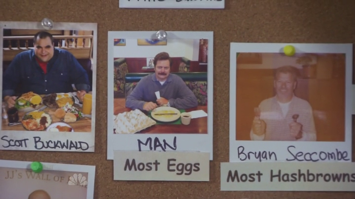 Polaroid of Ron Swanson with the caption Man: Most Eggs