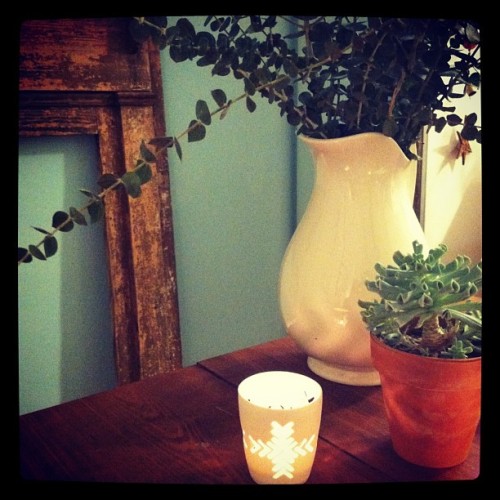 Eucalyptus branches, potted succulent, and tea lights