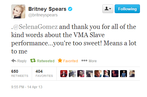 Britney Spears thanks Selena Gomezfor all of the kind words about her VMA Slave performance.