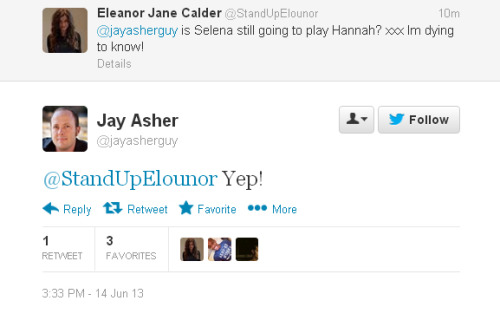 Jay Asher confirms again that Selena will play Hannah in the movie ”13 Reasons Why”