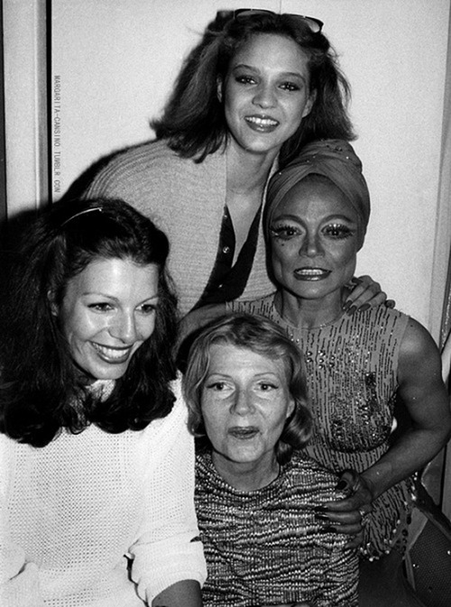 Rita Hayworth and Eartha Kitt backstage with their daughters, Yasmin Kahn &amp; Kitt McDonald following Eartha&#8217;s performance in the musical &#8216;Timbuktu&#8217; at the Mark Hellenger Theater, June 1978,