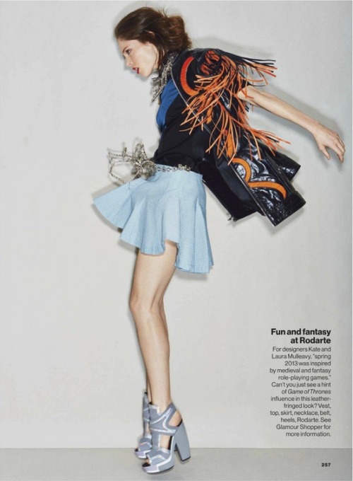 Coco Rocha wears Rodarte’s SS13 Top, Skirt, and Leather Fringe Vest in the March 2013 issue of Glamour Magazine (photo by Patrick Demarchelier).
