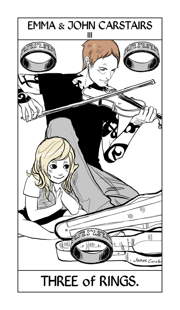 cassandraclare:

So Cassandra Jean has finished the complete Shadowhunter Tarot, so for the next … seventy-something days I’ll be posting a card a day (okay, maybe not every day — I tend to get distracted!)  in order, from the first card to the last. Some will be under spoiler cuts; some you’ll have seen before — I’ll explain why each character has the card they have. 
We’ve moved on from the Major Arcana to the minor Arcana — the first suit is the suit of Rings, which takes the place of the suit of Pentacles. The Two of Rings shows two generations of Carstairs: Emma and her father, who plays the family violin. (You can see the name of the second owner etched on the case.) Emma’s father actually does play it; not every generation of Carstairs is musical. Emma is not particularly. It’s a bit of a bittersweet picture since we know small Emma will lose her father in some short number of years.
This card was made to replace an earlier card: 
This card was meant to be a fantasy scene, the idea of Jem teaching Emma the violin being very touching, but it was intended to take place is a sort of fantasy liminal world where all the characters existed at once. I decided it would be too confusing if people took it as a literal illustration of something that would actually happen, so we decided to go with the first image!


