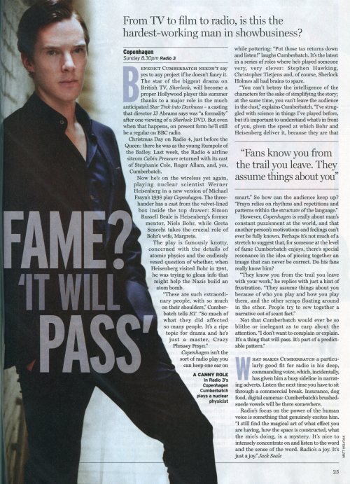 cumberbatchcoffeeklatch:

ladyt220:


From today’s Radio Times




New tab for full size

I really do not see how anyone could get “moaning” out of that. He answered a stupid question as well as anyone could. That is all.
