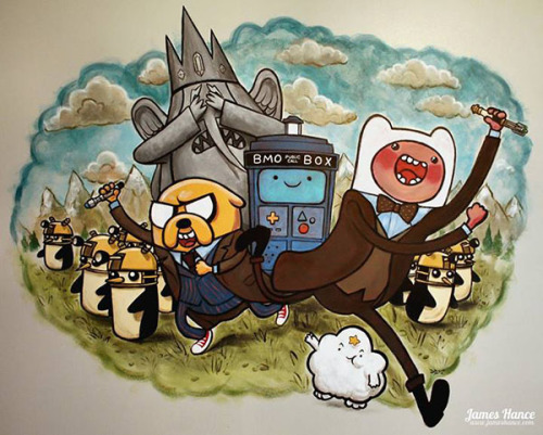 Adventure Time + Doctor Who = Super Awesome
Relentlessly cheerful artist James Hance (previously featured here) painted this incredible &#8220;Adventure Timey-Wimey&#8221; mural on his 9-year-old daughter Maddy&#8217;s wall. From the Gunter Daleks to the BMO TARDIS to the Ice King as a Weeping Angel, it&#8217;s almost unbearably wonderful.
But wait, it gets even better because the whole concept was Maddy&#8217;s to start with:

"She had the idea for an Adventure Time / Doctor Who crossover, and had all the characters mapped out (You can see where I get my ideas from!)"

Prints of this awesome mash-up are currently available via James Hance&#8217;s website.
[via io9]