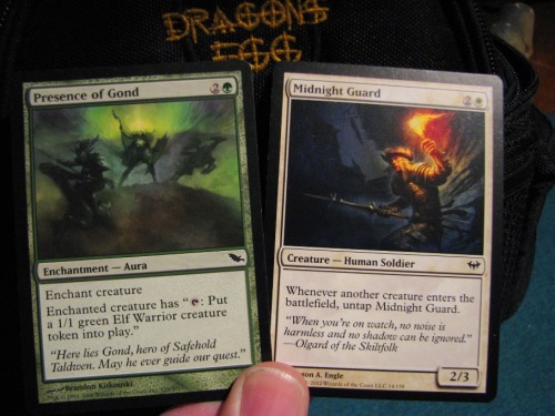 Magic: the Gathering - Silly Combo
Midnight Guard (Dark Ascension common) + Presence of Gond (Shadowmor common) = Elf Token LULZ.