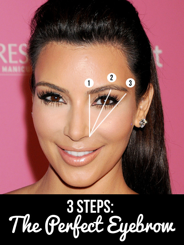 Kim Kardashian hasn&#8217;t always had the perfect brows but in three easy steps, we can show you how to tackle those unruly eyebrows.  Don&#8217;t know where your eyebrows should start, arch and end? It&#8217;s easy as 1, 2, 3!
Use a make up brush or ruler and hold it against the outside of your nostril straight up past the inner corner of your eye.  This is where your eyebrow should start.
Hold the ruler again from the outside of your nostril and straight past the middle of your eye.  Where the ruler hits your brow, this is where your eyebrow should arch.
One more time, hold the ruler against the outside of your nostril in line with the outside corner of your eye.  This is where your brow should end!
