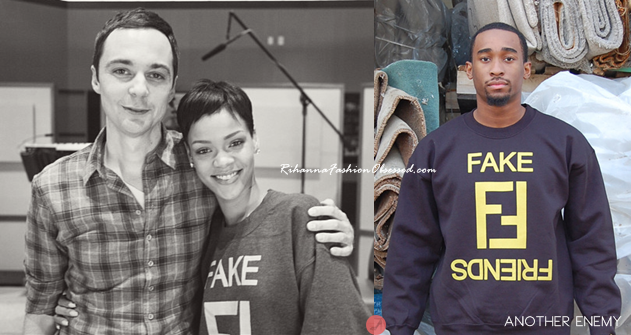 Rihanna posted a picture on her Instagram with Jim Parsons voicing characters in DreamWork&#8217;s Animations &#8216;Happy Smekday!&#8217; (comes out in 2014) &amp; was later spotted shopping in Beverly Hills, California wearing Another Enemy&#8217;s &#8216;Fake Friends&#8217; crewneck sweatshirt.