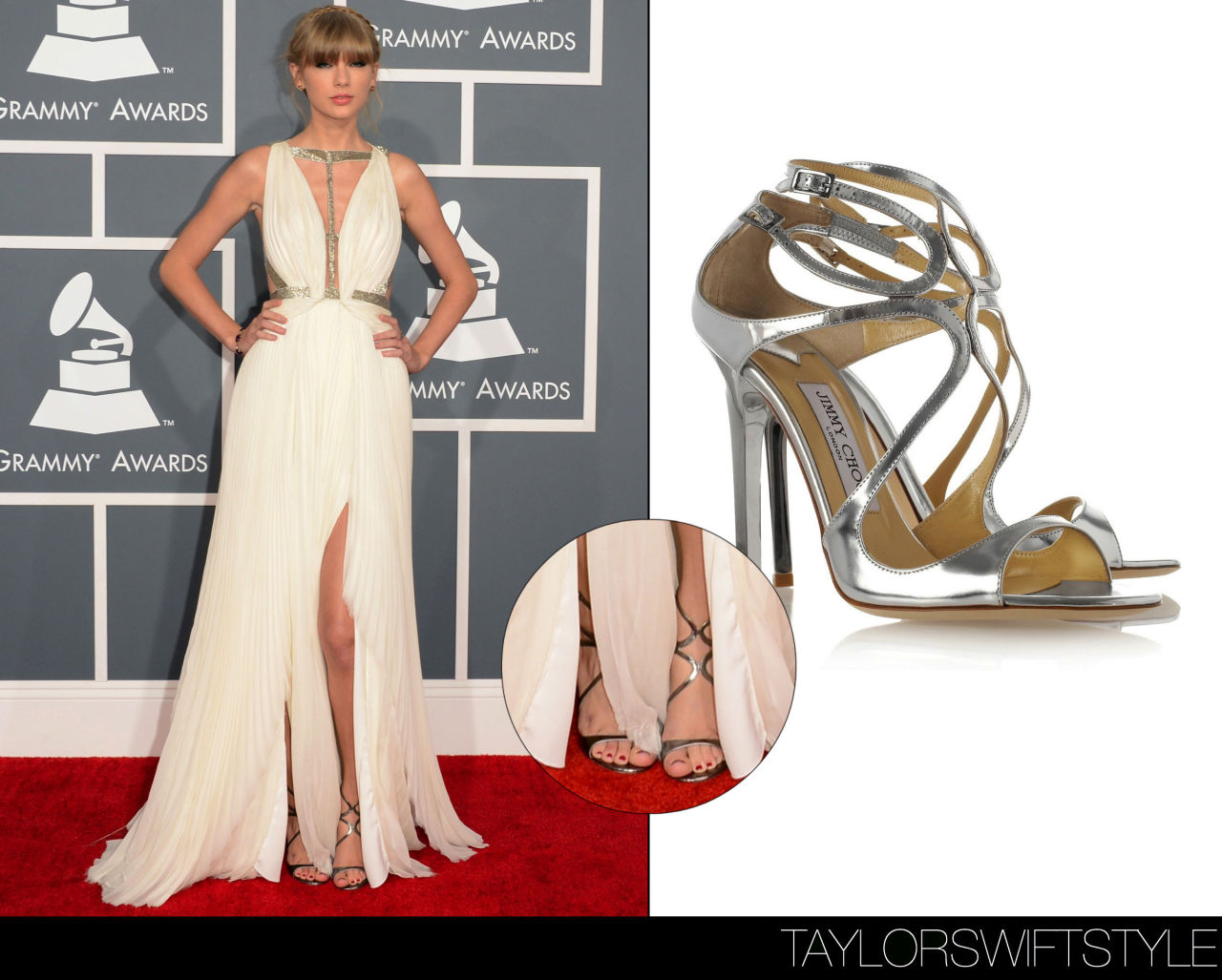 The 55th Annual GRAMMY Awards | Los Angeles, CA | February 10, 2013Jimmy Choo &#8216;Lance Sandals&#8217; - $775.00Taylor relied on her favourite labels for her red carpet look tonight at the GRAMMYs, including these tried-and-true strappy sandals by Jimmy Choo.She completed her look with earrings and a bracelet by her favourite jeweller Lorraine Schwartz in addition to a geometric ring by Ofira who Taylor has recently worn several pieces by.Worn with: J Mendel gown