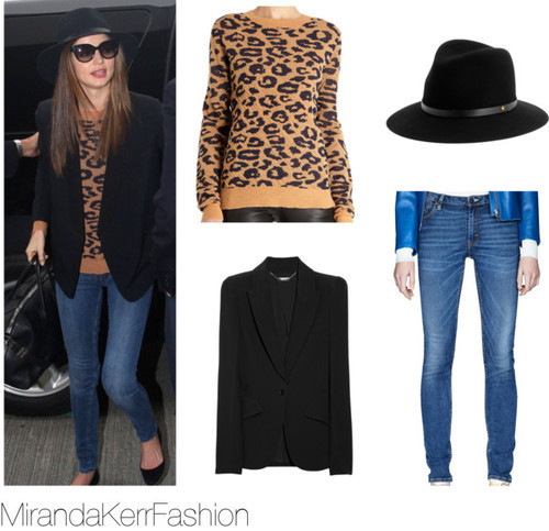Miranda was seen at the airport wearing this alc leopard sweater, this exact rag &amp; bone fedora, these possibly exact acne jeans &amp; this similar blazer. xx
