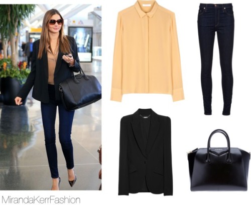 Spotted at the airport, Miranda wore this chloe blouse, these nobody cult skinny jeans &amp; this givenchy antigona tote. Here is a similar blazer from Alexander Mcqueen!