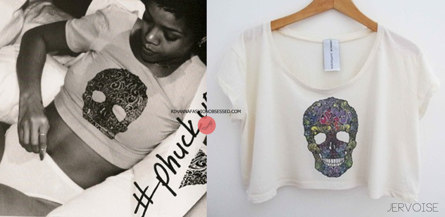 For Rihanna&#8217;s album art for her current album &#8216;unapologetic&#8217;, the singer was spotted wearing an illustrated detail skull crop tee by London designer Zoe Jervoise, founder of Jervoise jackets. Visit her site HERE for more info about her and her brand and also visit her online store HERE for varieties of cool designs. 