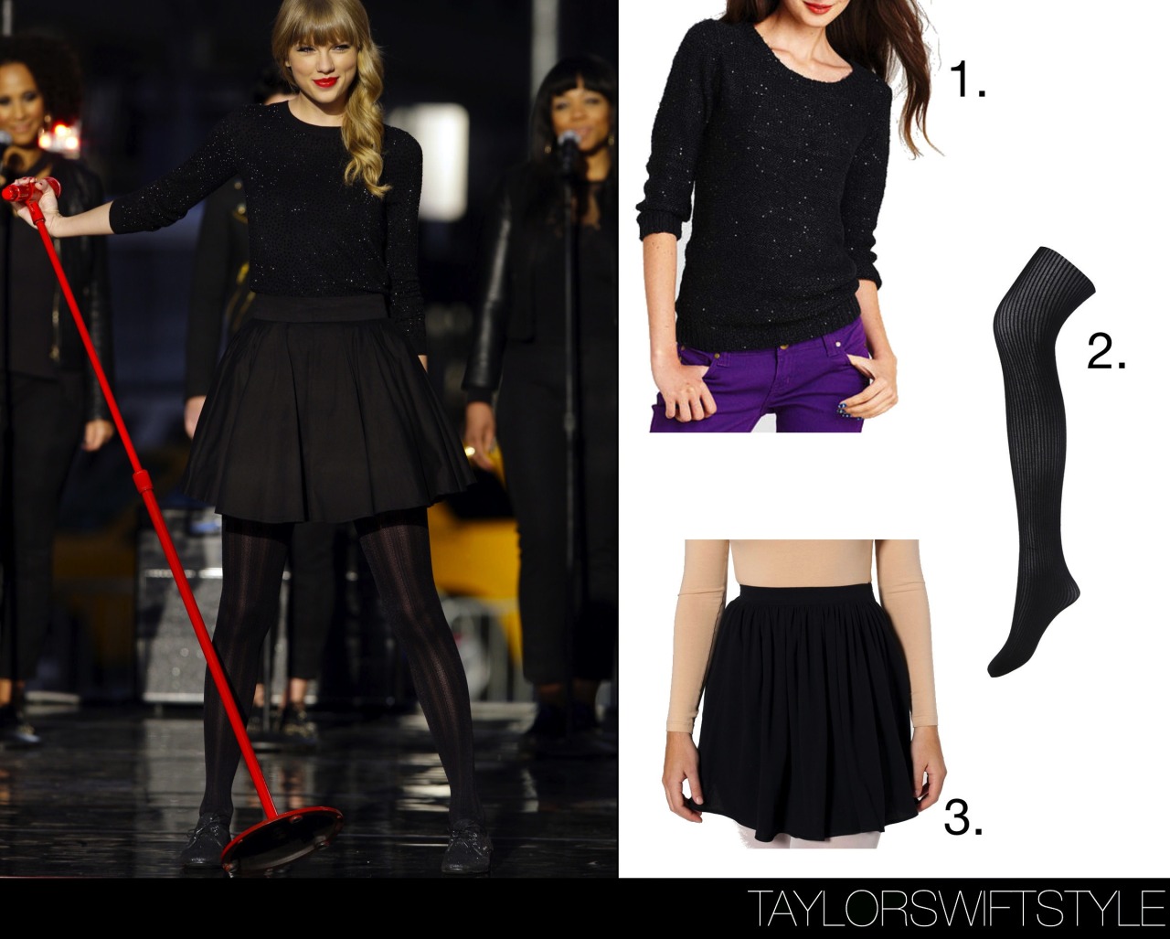 taylorswiftstyle:Performing on Good Morning America | October 23, 2012GET THE LOOK:Delia ‘Sequin Pullover Long Sleeve’ - $14.99Forever 21 ‘Striped Ridge TIghts’ - $5.80American Apparel ‘Piqué Full Woven Skirt’ - $38.00Taylor&#8217;s Get The Look blouse we identified is now on sale!