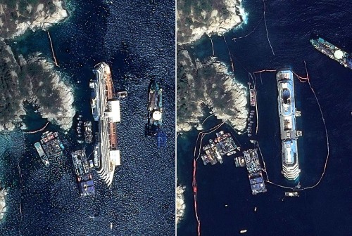 Satellite images show the Costa Concordia on Sept. 12, 2013, left, and after it was uprighted on Sept. 17