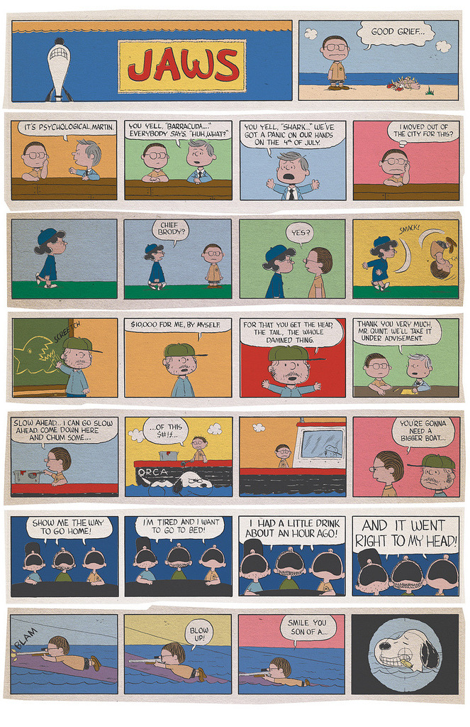 Jaws mashup as a series of Peanuts comic strips