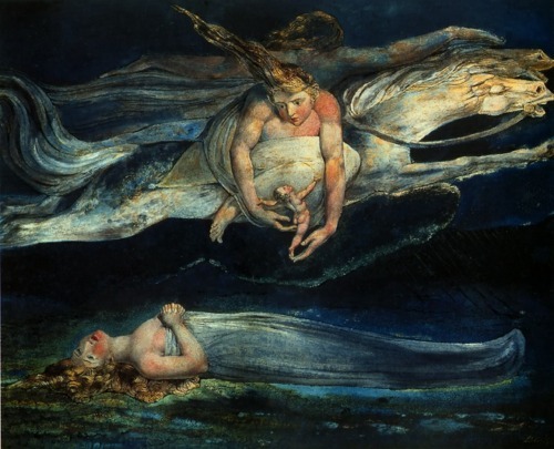 artmastered:

William Blake, Pity, c.1795
From the Tate:

This image is taken from Macbeth: ‘pity, like a naked newborn babe / Striding the blast, or heaven’s cherubim horsed / Upon the sightless couriers of the air’. Blake draws on popularly-held associations between a fair complexion and moral purity. These connections are also made by Lavater, who writes that ‘the grey is the tenderest of horses, and, we may here add, that people with light hair, if not effeminate, are yet, it is well known, of tender formation and constitution’. Blake’s interest in the characters of different horses can also be seen in his Chaucer’s Canterbury Pilgrims, hanging nearby.

