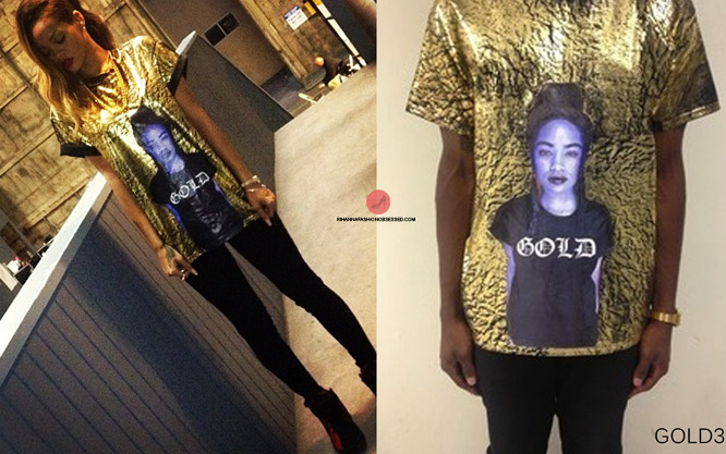 &#8220;DIAMONDS WORLD TOUR #rehearsal&#8221;
Rihanna spotted at rehearsals for her upcoming tour wearing a unisex Gold3 tee featuring London Zhiloh . It is currently not available yet as stated on the website but we&#8217;ll keep you posted. The singer also wore a pair of Reebok Shawn Kemp classic Kamikaze II in red and black.
 