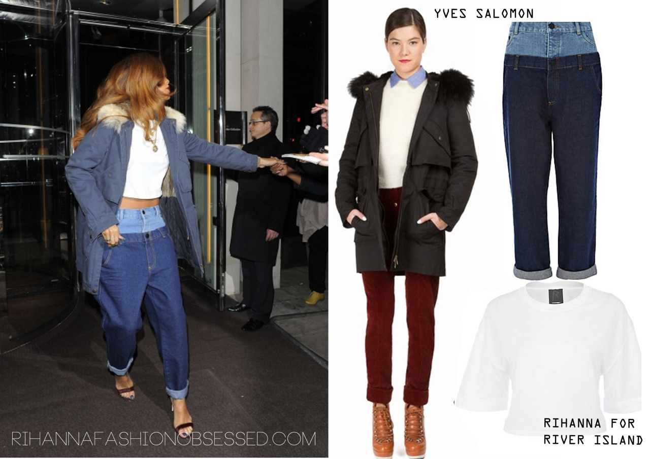 Rihanna yesterday leaving her London hotel heading for her collection launch party. The singer wore a Yves Salomon parka jacket, a white crop top and double denim jeans from her collection available now.
US residents can order HERE

