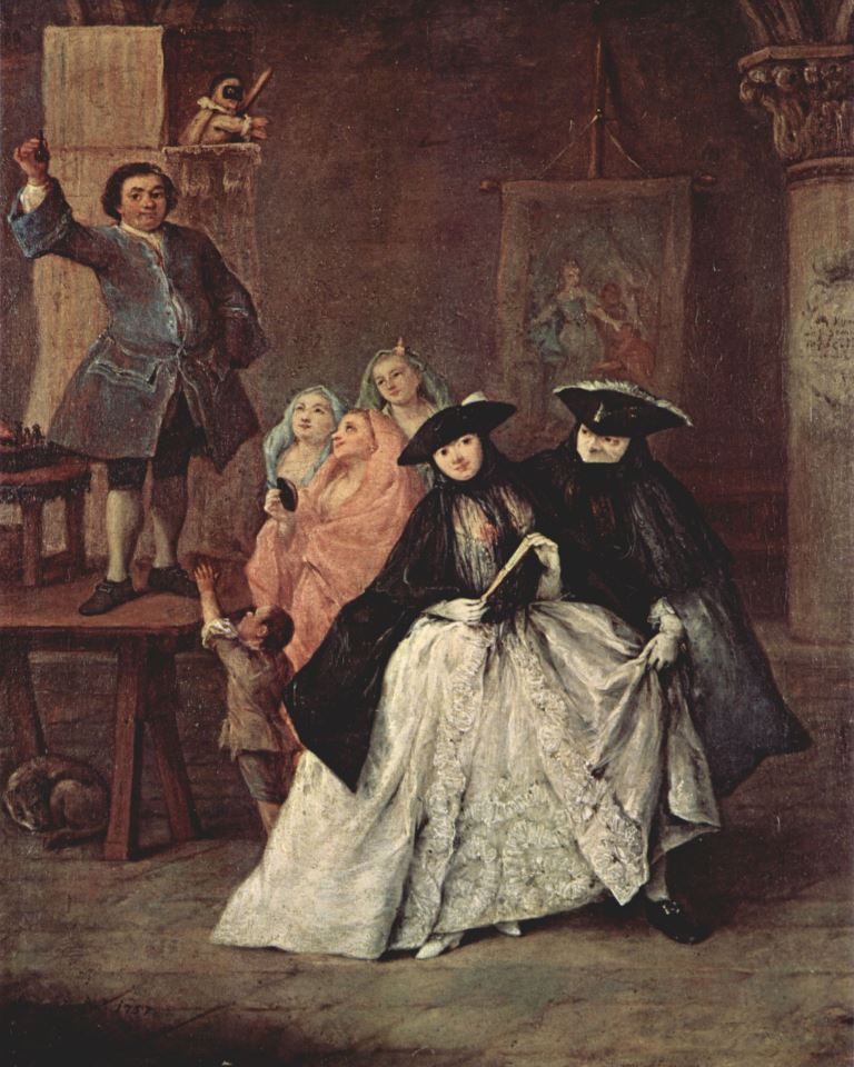 Pietro Longhi.
Der Scharlatan. 1757, Öl auf Leinwand, 62 × 50 cm. Venedig, Ca’ Rezzonico. Genremalerei. Italien. Rokoko.
KO 00524