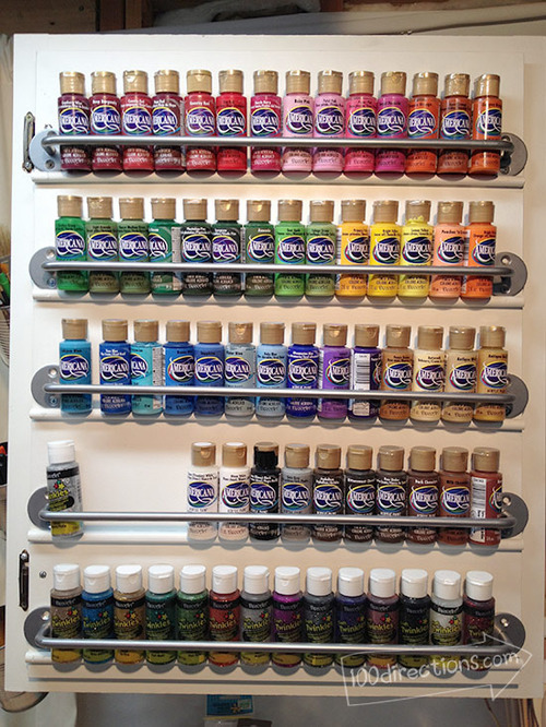 DIY Craft Paint Storage&#160;: 100 Directions
After almost two years of doing this blog and almost a year of Pinterest you would think I have seen it all. But no, still simple ideas like this one from 100 Directions using towel bars and dowel to store paint still impresses and inspires me. Click the picture to be taken to the full how to.