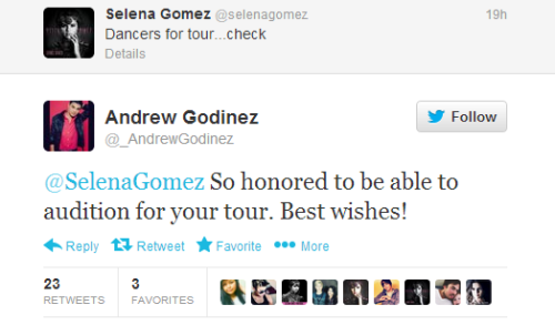 @_AndrewGodinez: @SelenaGomez So honored to be able to audition for your tour. Best wishes!